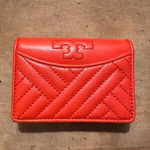 Tory Burch Quilted Leather Card Case - Red Orange